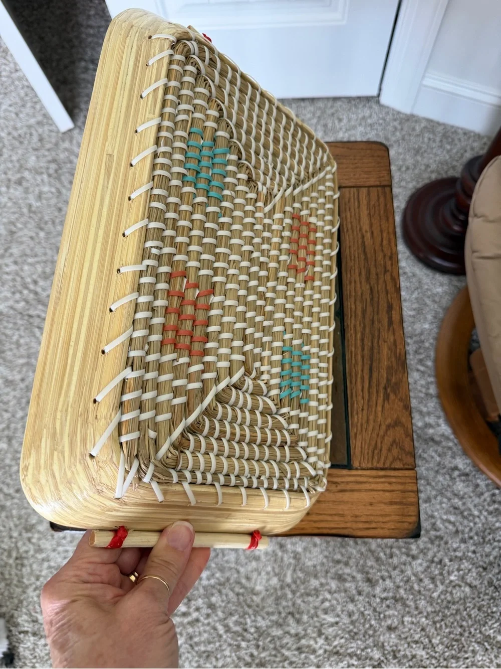 Handwoven Rectangular Wood & Seagrass Serving Basket with Colored Accents